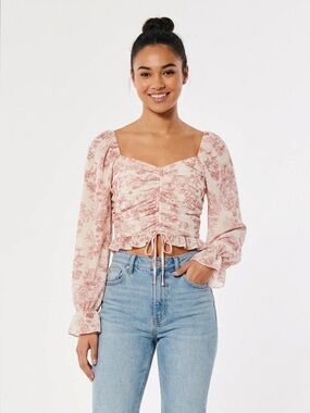 Milk & Honey Floral Cropped Blouse Smocked & Ruched garden chic French Size M